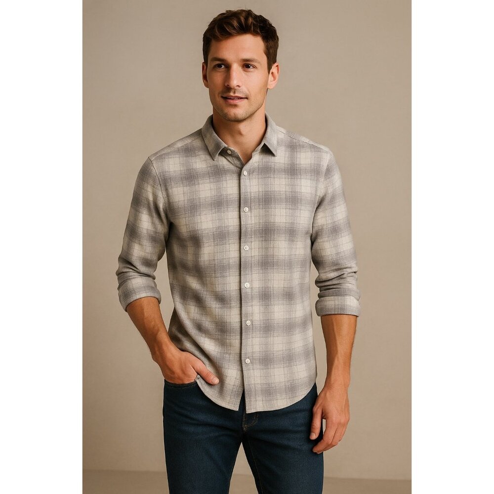 artefact/ Men’s Slim Fit Button-Down Shirt – White Gray Plaid